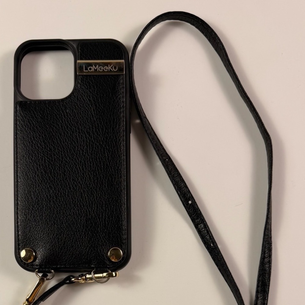 iPhone 13 Pro Max Crossbody Wallet Case Black Pebbled Leather Card Holder